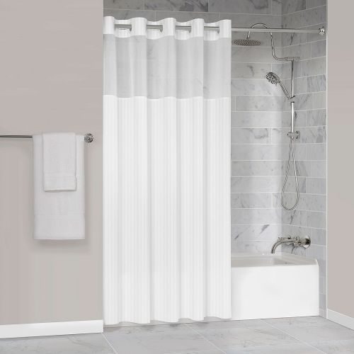 Protect360° Herringbone Shower Curtain, Snap-in Liner, Hook Free, Antimicrobial, Poly, 71x77, White